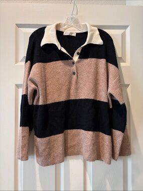 Striped Knit Polo Sweater - Black & tan